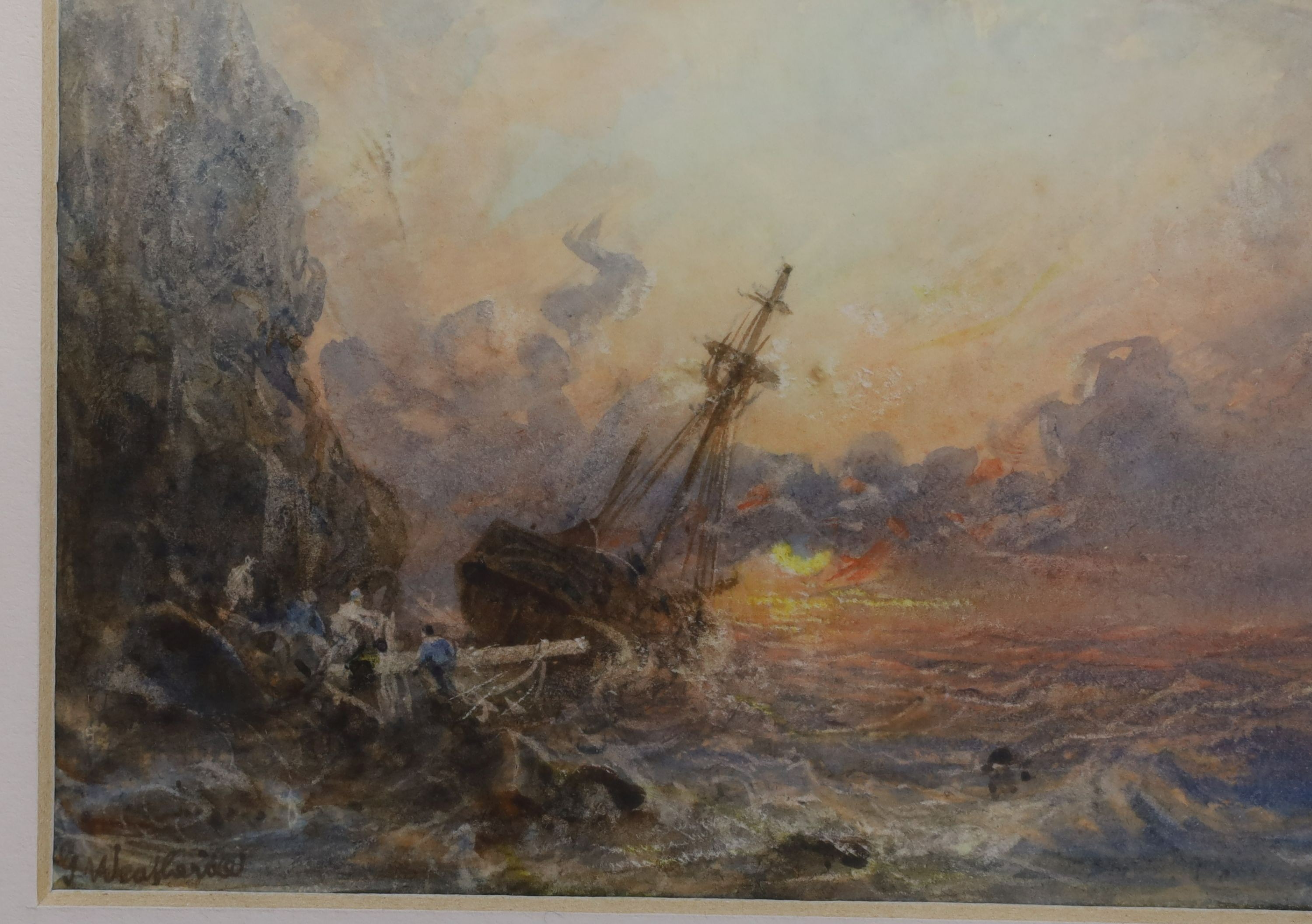 George Weatherill (1810-1890), Ship wrecking on the cliffs, watercolour, 8.5 x 13cm